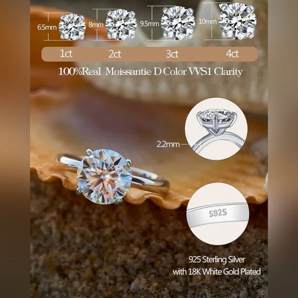 4ct Moissanite CERTIFIED Diamond Ring 18kgp 925 Sterling Silver
